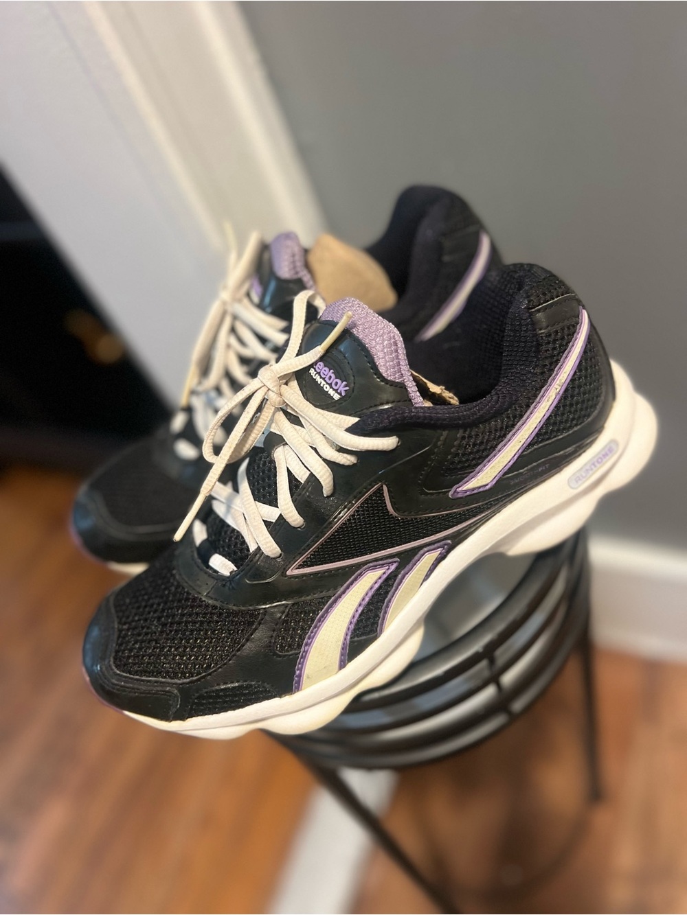 Reebok size 9 Runtone Women Lace Up Low Top Mesh Sneakers Black Purple White